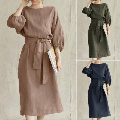 New style temperament medium-length high waist tie solid color round neck dress ladies party dress