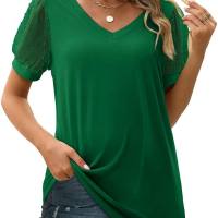 Summer new European and American women's T-shirt solid color v-neck simple mesh puff sleeves  Green