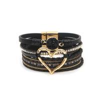 Venda quente pulseira de couro multicamadas boêmia tecida à mão pulseira de ouro grande coração feminino  Preto