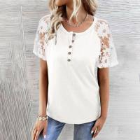 New spring and summer European and American fashion women's clothing Loukong lace splicing short-sleeved tops T-shirts  White