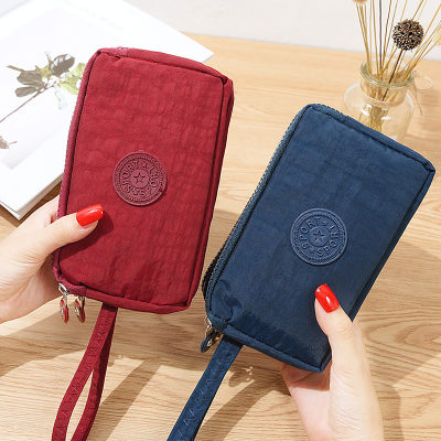 Bolsa de moedas portátil de tecido estilo coreano para mulheres, moda longa, zíper de três camadas, grande capacidade, tela grande, bolsa para chave de celular