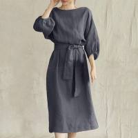 New style temperament medium-length high waist tie solid color round neck dress ladies party dress  Deep Gray