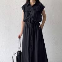 Verão novo estilo japonês sem mangas bolso sem mangas comprimento médio casual lapela vestido camisa  Preto