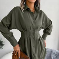 Ins style real shot autumn and winter leisure lantern sleeve waist asymmetrical dress shirt skirt  Green