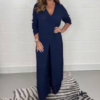 New women's slit long tops and trousers suits  Deep Blue