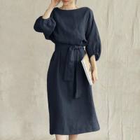 New style temperament medium-length high waist tie solid color round neck dress ladies party dress  Navy Blue
