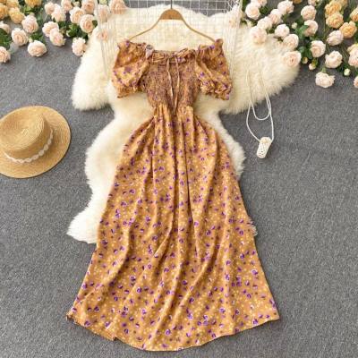 Small fresh French retro fairy slim floral dress high waist drawstring pleated waist slim long skirt