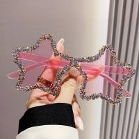European and American new five-pointed star diamond frameless sunglasses for women fashion personality photo sunglasses exaggerated dance  Pink