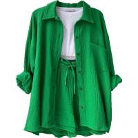 European and American women's clothing wrinkled lapel long-sleeved shirt high waist drawstring shorts fashionable casual two-piece suit  Green
