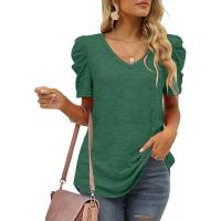 European and American popular pleated splicing V-neck short-sleeved T-shirt tops for women  Green
