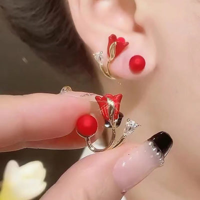 New autumn and winter red tulip earrings for women, high-end and fairy-like temperament, two-band festive red bead earrings