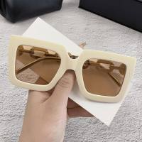 New chain anti-ultraviolet sunglasses European and American fashion square frame women's high-end sunglasses  Beige