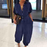 Spring new European and American solid color large size casual short-sleeved denim jumpsuit  Deep Blue