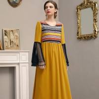 Spring and summer all-match black flared long-sleeved retro print slim Korean style yellow thin dress  Yellow