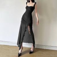 European and American style spring new women's clothing sexy hot girl suspenders tube top slit hip long solid color dress  Black