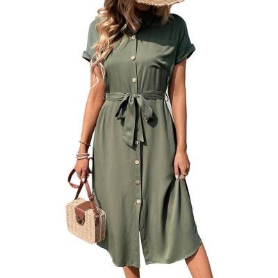 Hot-selling women's summer new shirt skirt European and American lapel tie solid color dress