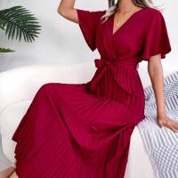 ins hot style real shot European and American spring and summer temperament cross V-neck large swing pleated long skirt women's clothing  Red