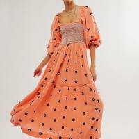 فستان خريفي جديد غير رسمي بأكمام بوق مطرز بياقة مربعة وعباد الشمس  برتقالي