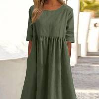 European and American women's large size loose cotton and linen round neck insert pocket five-point sleeve mid-length dress  Army Green