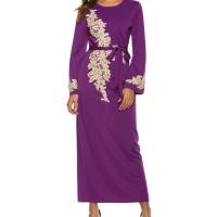 Yi Duoduo's new elegant embroidered long skirt with lace beaded trumpet sleeves and lace-up long skirt  Purple