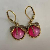 Longheng European and American Jewelry Vintage Dragonfly Pattern Earrings Moonlight Stone Women's Old Earrings  Hot Pink