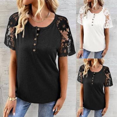 New spring and summer European and American fashion women's clothing Loukong lace splicing short-sleeved tops T-shirts