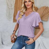 European and American women's spring and summer new lace V-neck lotus leaf sleeve solid color loose T-shirt  Purple