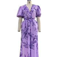 Summer new women's fashion V-neck loose mid-length printed dress  Purple