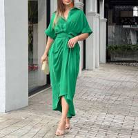 Summer new European and American women's wear tie waist short sleeve single breasted solid color shirt dress  Green