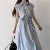 فستان صيفي جديد على الطراز الياباني بدون أكمام وجيب بدون أكمام متوسط الطول فستان غير رسمي بطية صدر السترة  أزرق