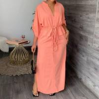 New European and American women's early autumn temperament V-neck tie waist loose casual slit dress  Pink