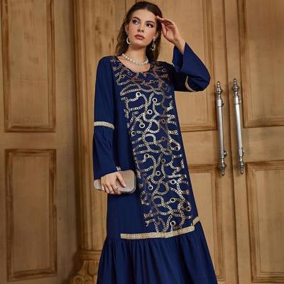 Spring and summer dress blue versatile long sleeve loose waist Chinese style retro sequin embroidered long dress