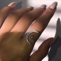 Anéis elegantes de estrela e lua, anéis crescentes de venda quente, anéis abertos de dedo indicador de estrela e lua de estilo étnico  Prata