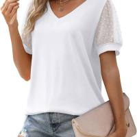 Novedad de verano, camiseta para mujer europea y americana, color sólido, cuello en V, mangas abullonadas de malla simples  Blanco