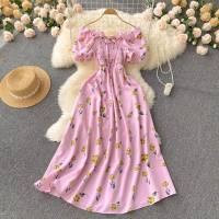 Small fresh French retro fairy slim floral dress high waist drawstring pleated waist slim long skirt  Pink