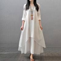 فستان طويل بأكمام طويلة واسعة بأسلوب فني مريح مزدوج المظهر لفصلي الربيع والخريف، مصنوع من الكتان الناعم، يتميز بتصميم ذو طيات كبيرة  أبيض