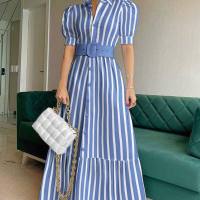 New arrival European and American temperament commuting long short-sleeved swing dress with belt  Blue