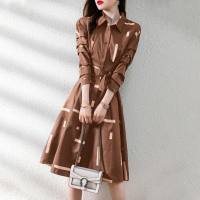Spring new style simple lapel contrast color geometric belt slim shirt mid-length dress for women  Coffee