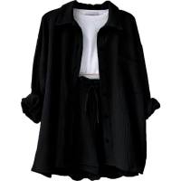 European and American women's clothing wrinkled lapel long-sleeved shirt high waist drawstring shorts fashionable casual two-piece suit  Black