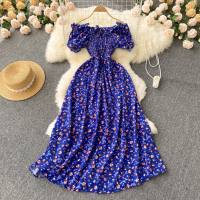 Small fresh French retro fairy slim floral dress high waist drawstring pleated waist slim long skirt  Deep Blue