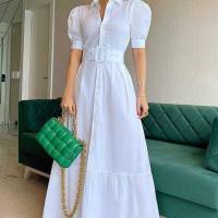 New arrival European and American temperament commuting long short-sleeved swing dress with belt  White
