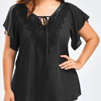 Women's trumpet sleeve short-sleeved T-shirt lace patchwork top plus size women's clothing  Black