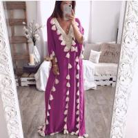 Women's Middle Eastern Large Size Robe V-Neck Blouse Tassel Stitching Dress Dress  Hot Pink