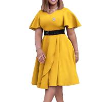 Belt summer new European and American women's trumpet sleeve solid color large size African dress  Yellow
