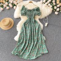 Small fresh French retro fairy slim floral dress high waist drawstring pleated waist slim long skirt  Green
