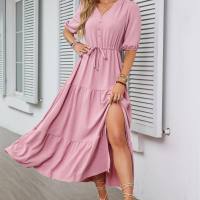 European and American women's popular V-neck button drawstring hem slit short sleeve dress  Pink