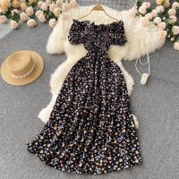 Small fresh French retro fairy slim floral dress high waist drawstring pleated waist slim long skirt  Black