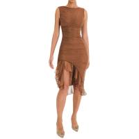 Summer new round neck sleeveless dress fashion hot sale sexy tight backless pleated midi dress  Brown