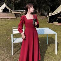 Fashion dress for women New Year long-sleeved dress temperament square collar knee-length Hepburn style little black dress  Red