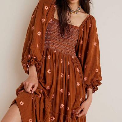 New autumn casual trumpet sleeves embroidered square collar sunflower swing dress